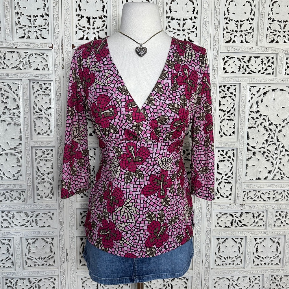 RQT Y2K Pink Artsy Floral Mosaic Faux Wrap 3/4 Sleeve Coquette Blouse Sz P Small